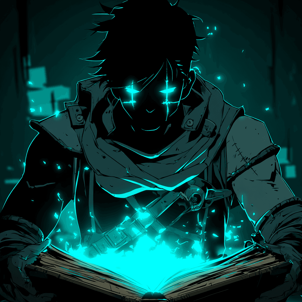 Un maître du jeu encapuchonné aux yeux lumineux, penché sur un grimoire ouvert d'où s'échappe une lumière turquoise
