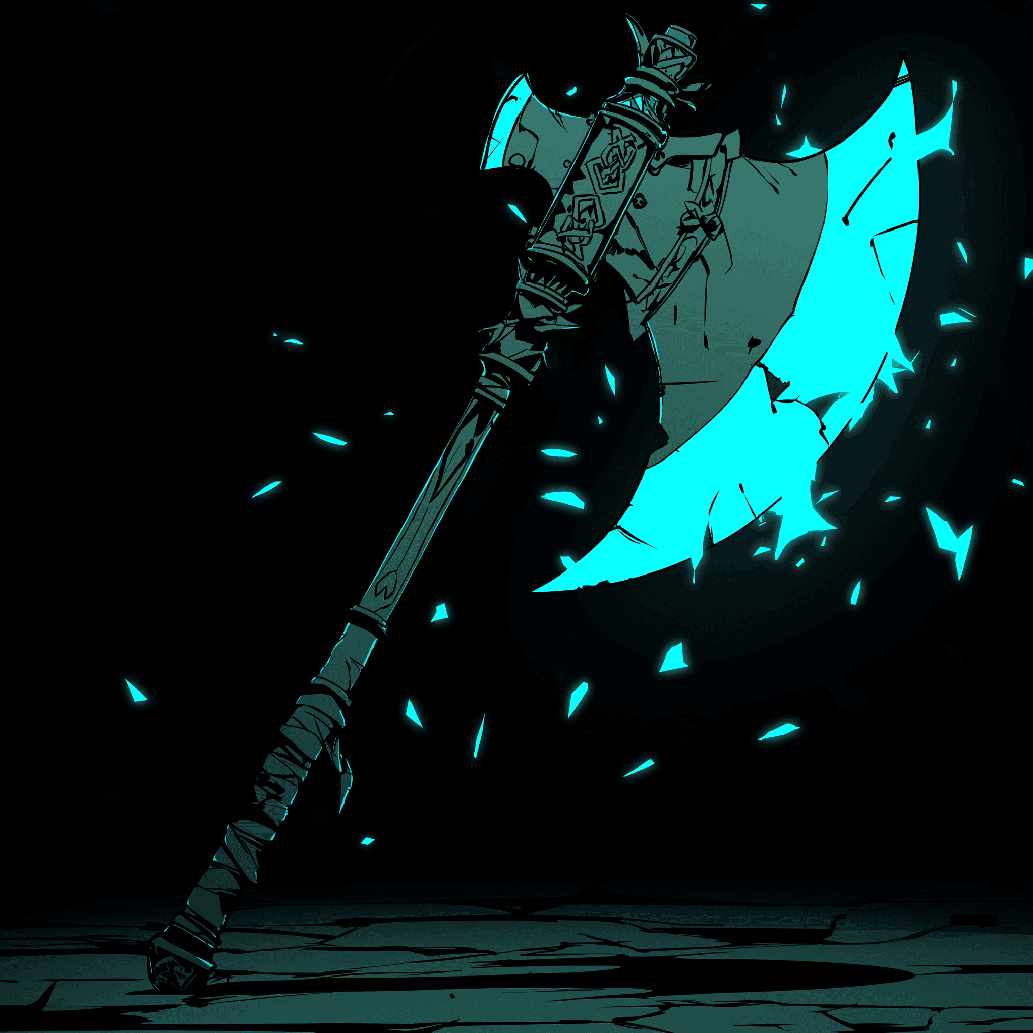 Grande hache de bataille gravée de runes, sa lame turquoise incandescente, plantée dans un sol de pierre