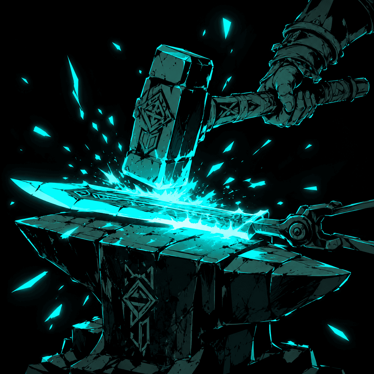 Une main gantée frappe au marteau une lame turquoise incandescente sur une enclume gravée de runes, dans une gerbe d'étincelles