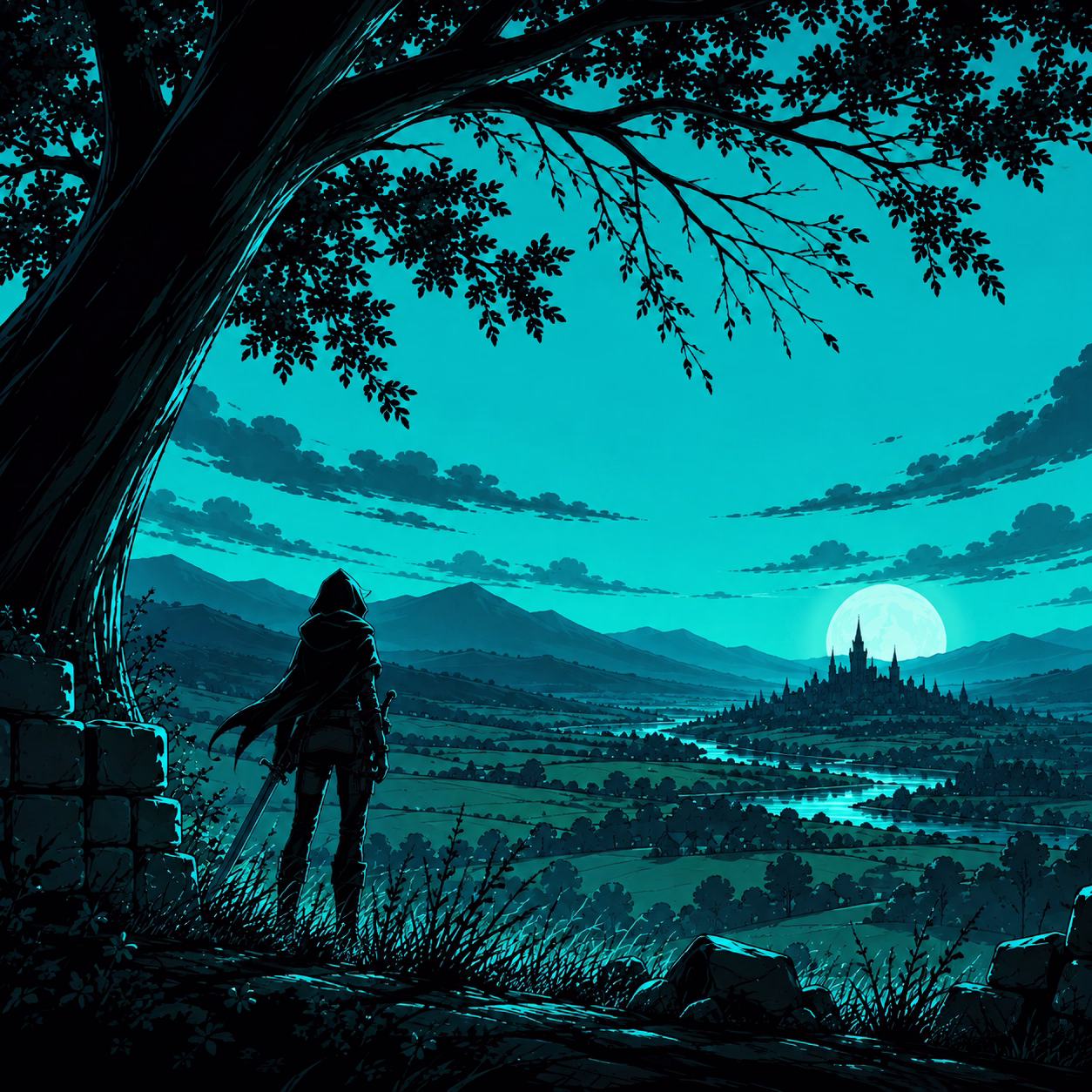 Un aventurier encapuchonné sous un grand arbre, face à une vallée au crépuscule